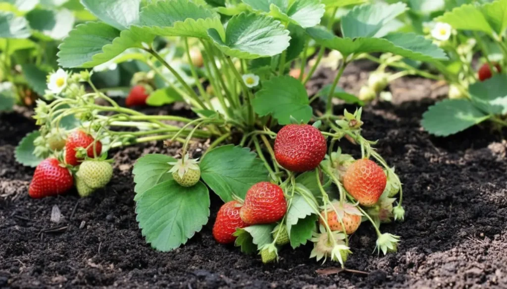 Strawberry plant runners spreading in a flat garden bed