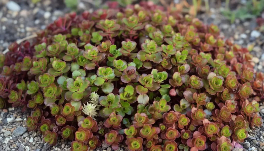 Dark red Dragon's Blood Sedum growing in a rocky spot