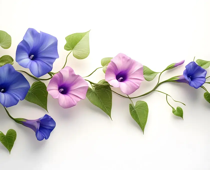 A branch of pink and purple flowering climber plant with green leaves growing toward the right.