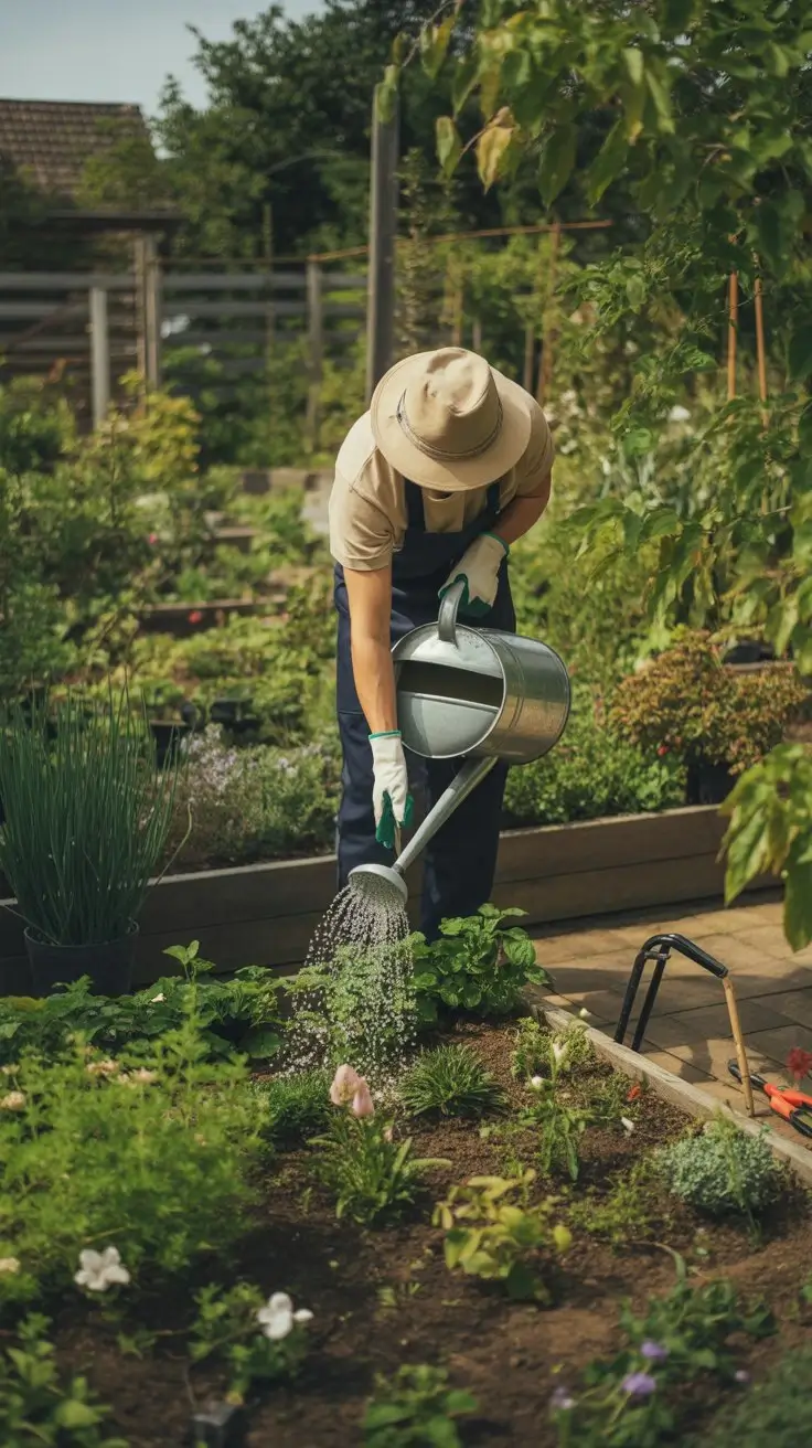 The man watering the plant in garden